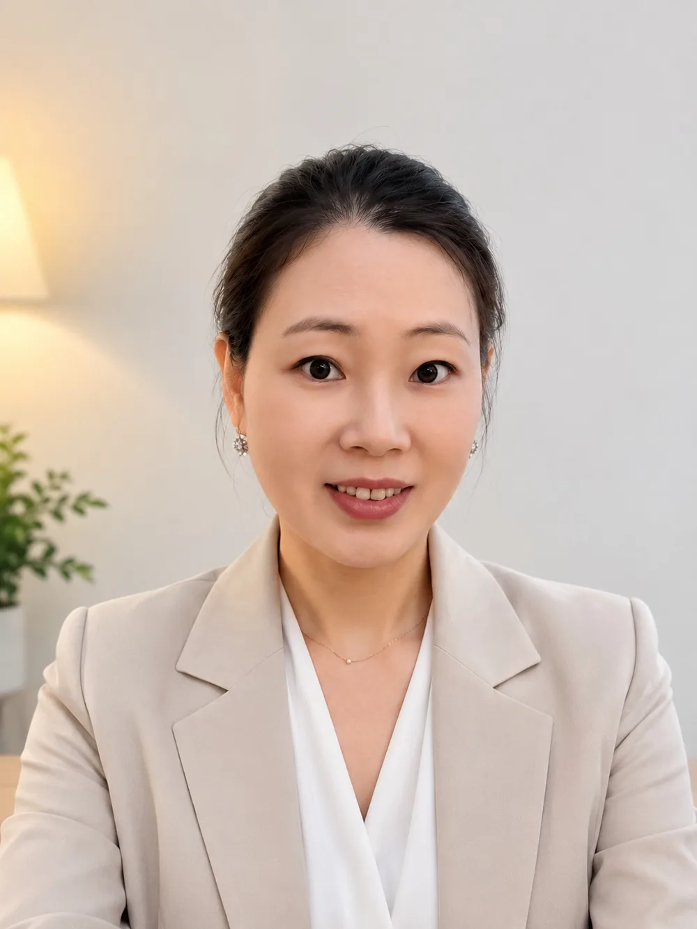 베이지 재킷에 흰 블라우스를 입은 여성이 실내에서 정면을 보고 미소 짓고 있다