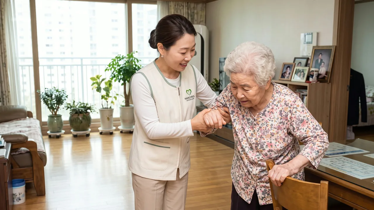 거실에서 의자를 짚고 일어서시는 어르신의 팔을 요양보호사가 옆에서 잡아 드리고 있다