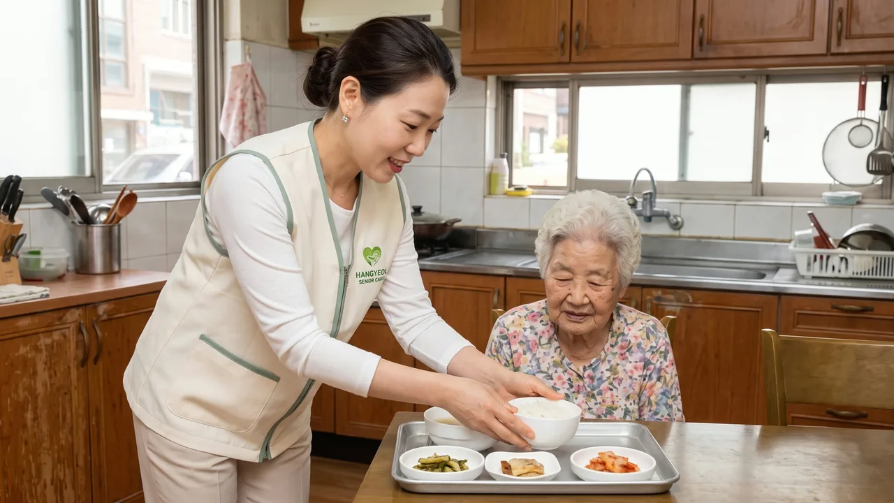 주방 식탁에 앉은 어르신 앞에 요양보호사가 밥공기를 놓아 드리고 있다