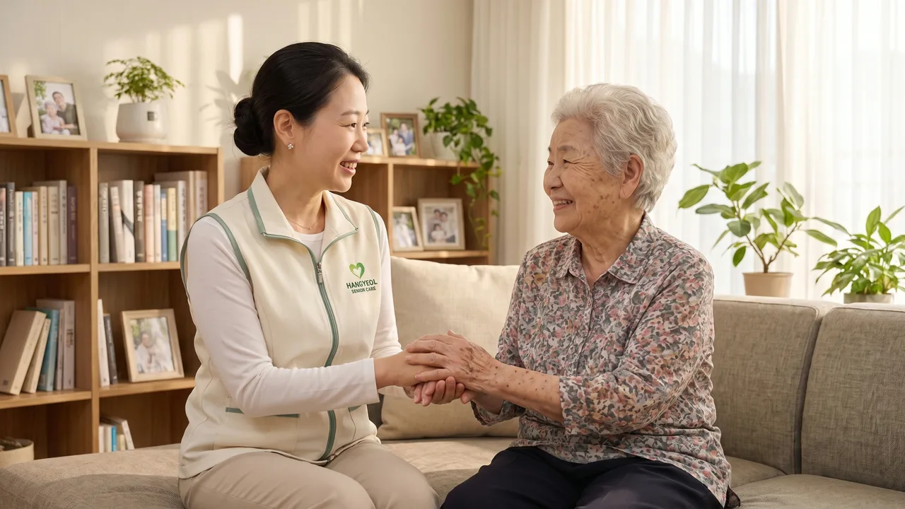 거실 소파에 나란히 앉아 요양보호사가 어르신의 손을 맞잡고 마주 보며 웃고 있다
