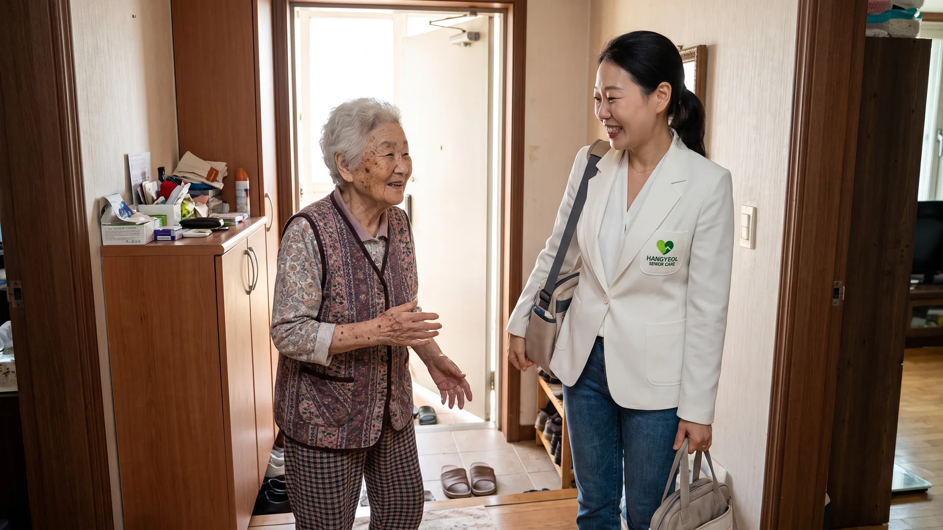흰 자켓을 입은 간호사가 방문가방을 메고 현관으로 들어서며 어르신과 마주 보고 웃고 있다