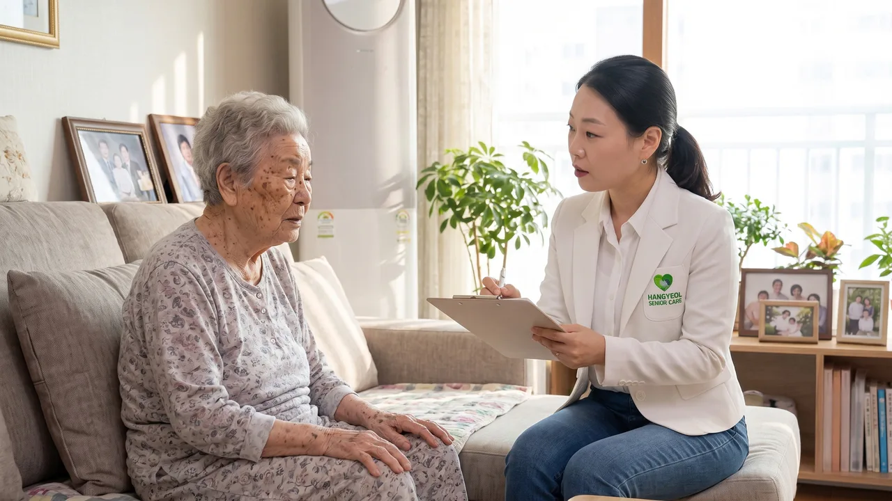 거실 소파에 앉은 어르신 곁에서 간호사가 클립보드에 상태를 적으며 이야기를 나누고 있다
