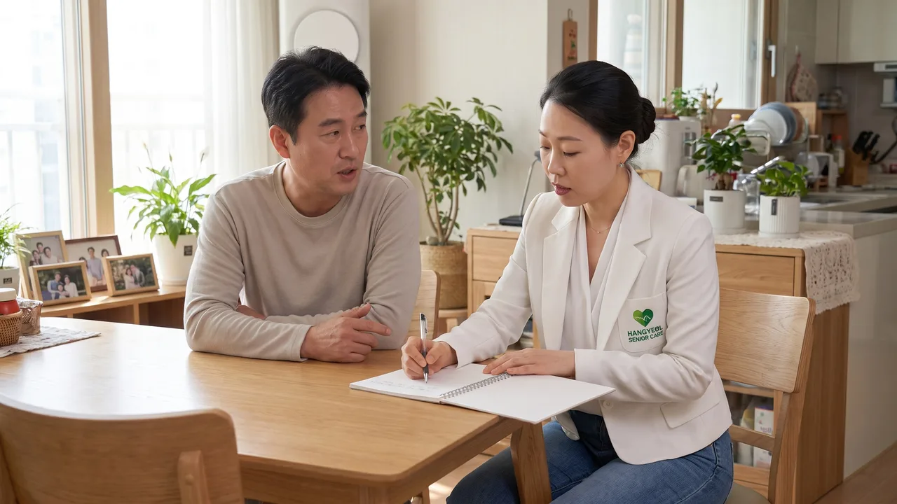 식탁에서 간호사가 보호자와 마주 앉아 공책에 어르신 상태를 적고 있다