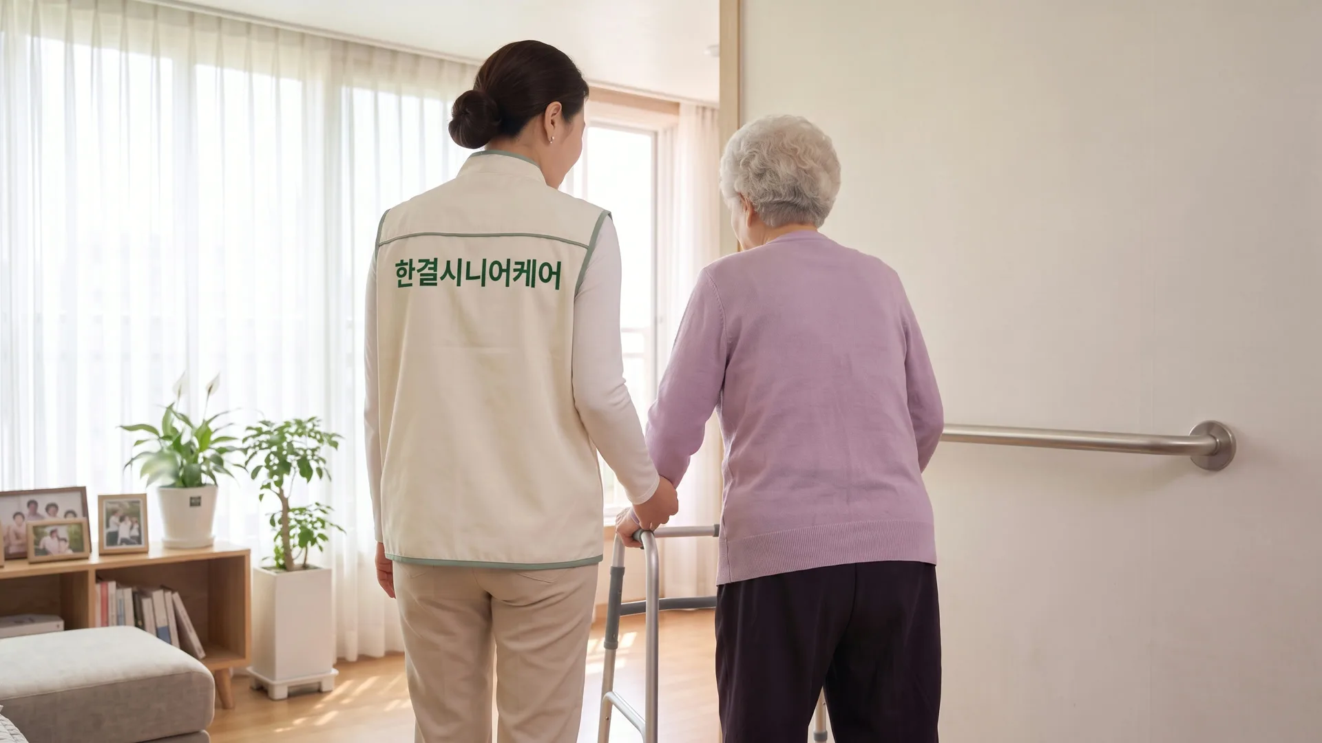 등에 한결시니어케어라고 적힌 조끼를 입은 요양보호사가 보행기를 짚은 어르신과 거실에서 나란히 걷고 있다
