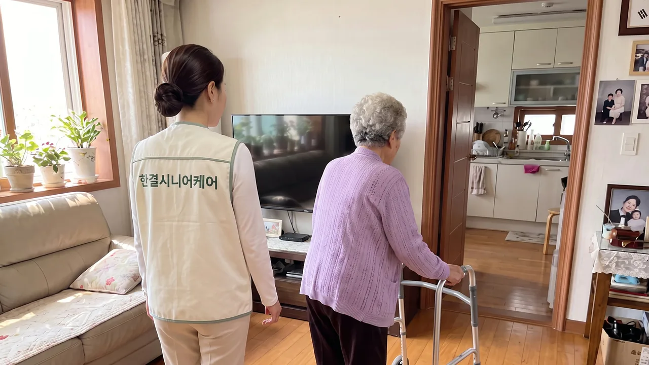 등에 한결시니어케어라고 적힌 조끼를 입은 요양보호사가 보행기를 짚은 어르신과 거실을 지나가고 있다