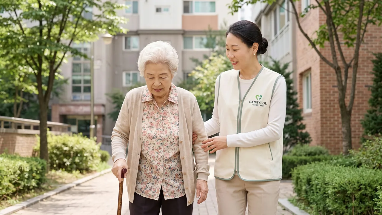 아파트 단지 산책로에서 지팡이를 짚은 어르신의 팔을 요양보호사가 잡고 함께 걷고 있다